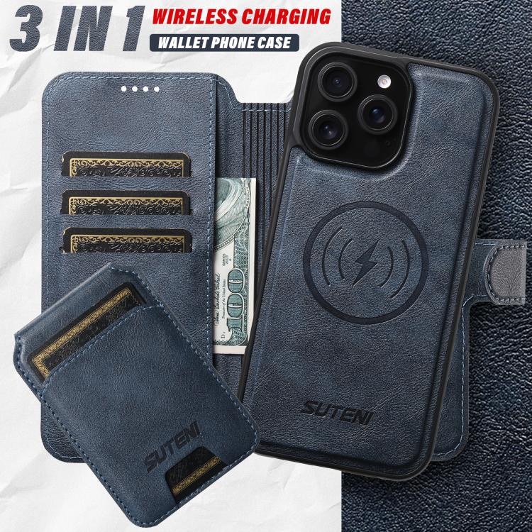 Funda de cuero Suteni Q05S2 3 en 1 con tapa vertical desmontable y función de cierre magnético para iPhone 16 Pro Max (azul)