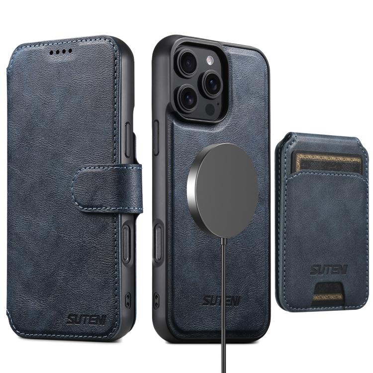 Funda de cuero Suteni Q05S2 3 en 1 con tapa vertical desmontable y función MagSafe para iPhone 16 Plus (azul)