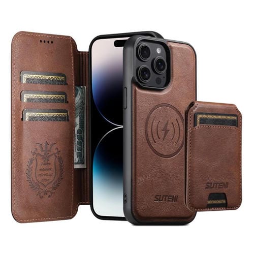 Funda de cuero Suteni Q05S2 3 en 1 con tapa vertical desmontable y función MagSafe para iPhone 14 Pro (marrón)