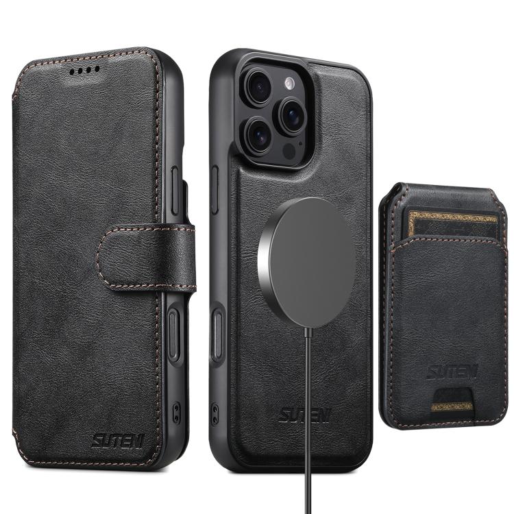 Funda de cuero Suteni Q05S2 3 en 1 con tapa vertical desmontable y función de cierre magnético para iPhone 14 Pro Max (negro)