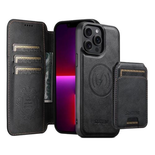 Funda de cuero Suteni Q05S2 3 en 1 con tapa vertical desmontable y función de cierre magnético para iPhone 13 Pro Max (negro)