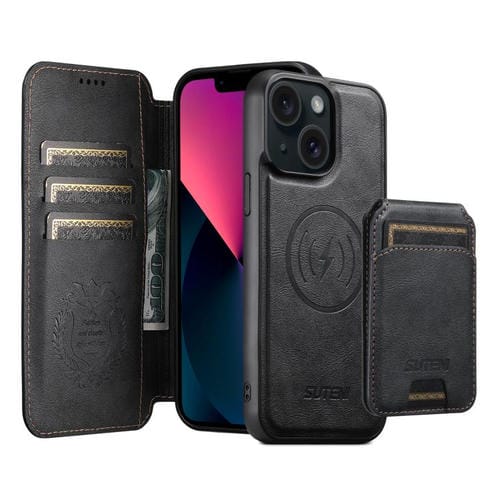 Funda de cuero Suteni Q05S2 3 en 1 con tapa vertical desmontable y función de cierre magnético para iPhone 13 (negro)