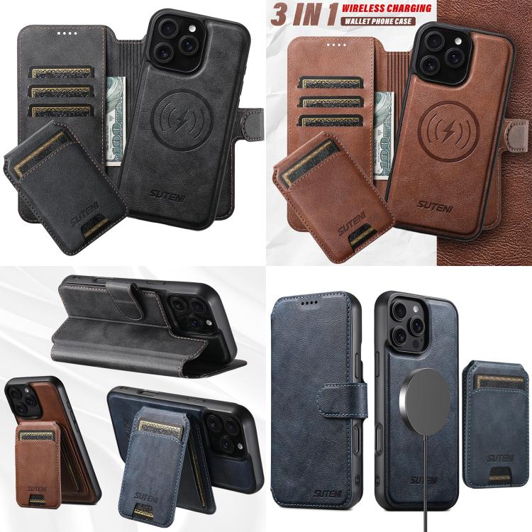 Funda de cuero Suteni Q05S2 3 en 1 con tapa vertical desmontable y función MagSafe para iPhone 14 (marrón)