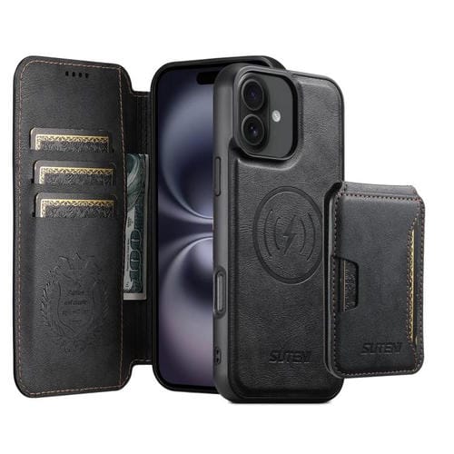 Funda de cuero Suteni Q05S3 3 en 1 con tapa vertical desmontable y función MagSafe para iPhone 16 Plus (negra)