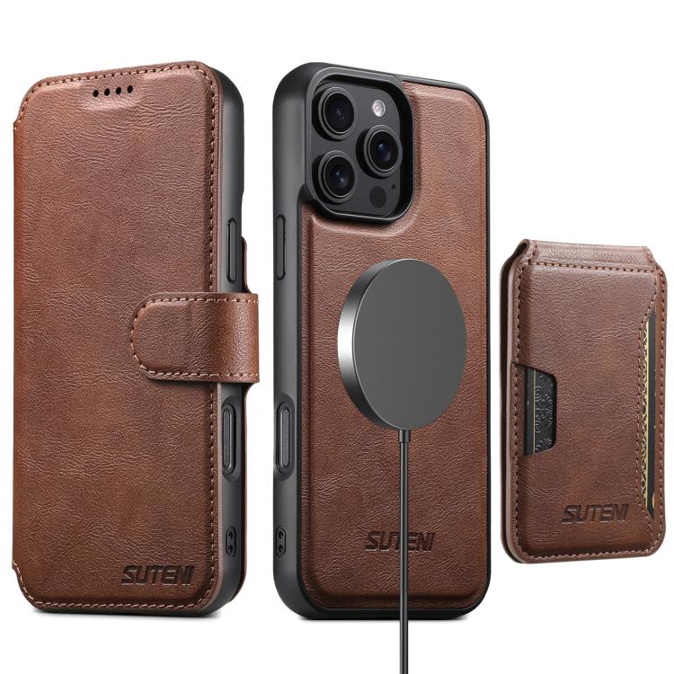 Funda de cuero Suteni Q05S3 3 en 1 con tapa vertical desmontable y función MagSafe para iPhone 16 Plus (marrón)