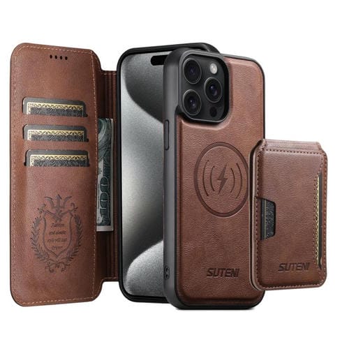 Funda de cuero Suteni Q05S3 3 en 1 con tapa vertical desmontable y función MagSafe para iPhone 15 Pro Max (marrón)