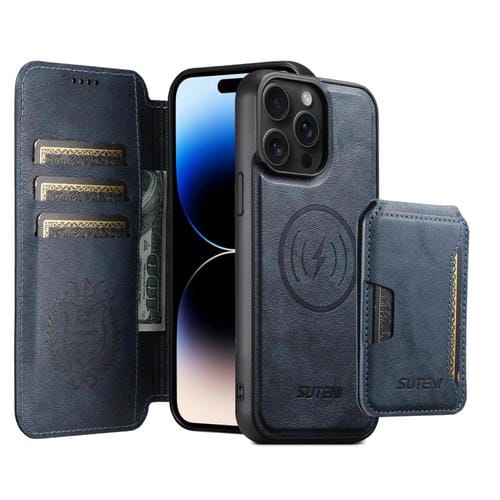 Funda de cuero Suteni Q05S3 3 en 1 con tapa vertical desmontable y función de cierre magnético para iPhone 14 Pro (azul)