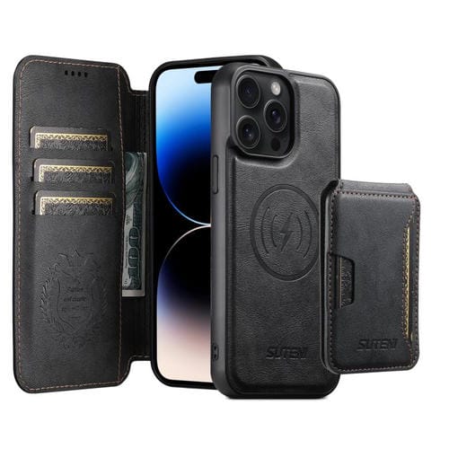 Funda de cuero Suteni Q05S3 3 en 1 con tapa vertical desmontable y función de cierre magnético para iPhone 14 Pro Max (negro)