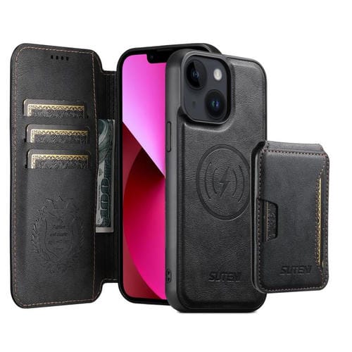 Funda de cuero Suteni Q05S3 3 en 1 con tapa vertical desmontable y función de cierre magnético para iPhone 13 (negro)