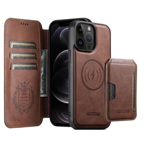 Funda de cuero Suteni Q05S3 3 en 1 con tapa vertical desmontable y función MagSafe para iPhone 12 Pro (marrón)