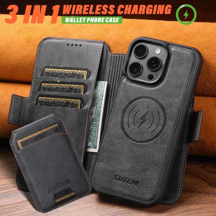 Funda de cuero Suteni Q06S2 3 en 1 con tapa vertical desmontable y cierre MagSafe para iPhone 15 (negra)
