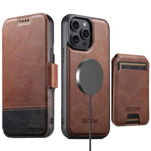 Funda de cuero Suteni Q06S2 3 en 1 con tapa vertical desmontable y cierre MagSafe para iPhone 14 Pro (marrón)