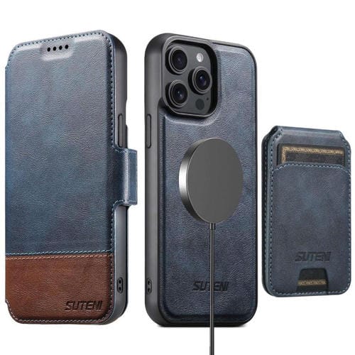 Funda de cuero Suteni Q06S2 3 en 1 con tapa vertical desmontable y cierre MagSafe para iPhone 14 Pro (azul)
