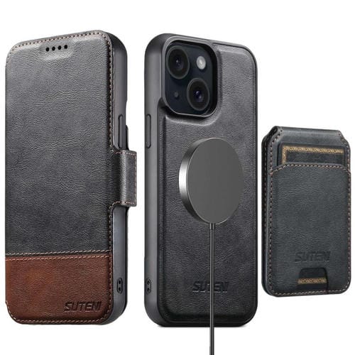 Funda de cuero Suteni Q06S2 3 en 1 con tapa vertical desmontable y cierre MagSafe para iPhone 13 (negro)