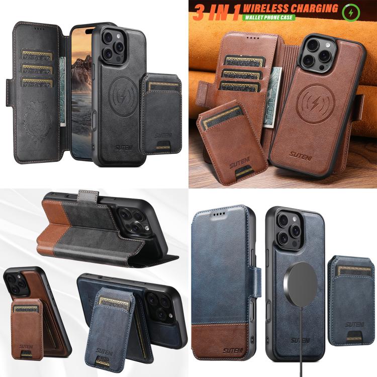 Funda de cuero Suteni Q06S2 3 en 1 con tapa vertical desmontable y cierre MagSafe para iPhone 12 (negro)