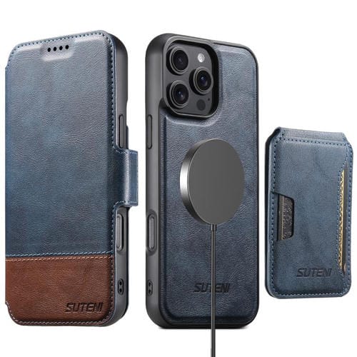 Funda de cuero Suteni Q06S3 3 en 1 con tapa vertical desmontable y cierre magnético para iPhone 16 Pro Max (azul)