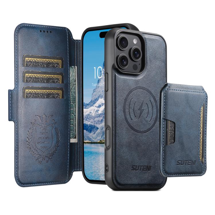 Funda de cuero Suteni Q06S3 3 en 1 con tapa vertical desmontable y cierre magnético para iPhone 15 Pro Max (azul)