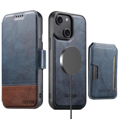 Funda de cuero Suteni Q06S3 3 en 1 con tapa vertical desmontable y cierre magnético para iPhone 15 (azul)