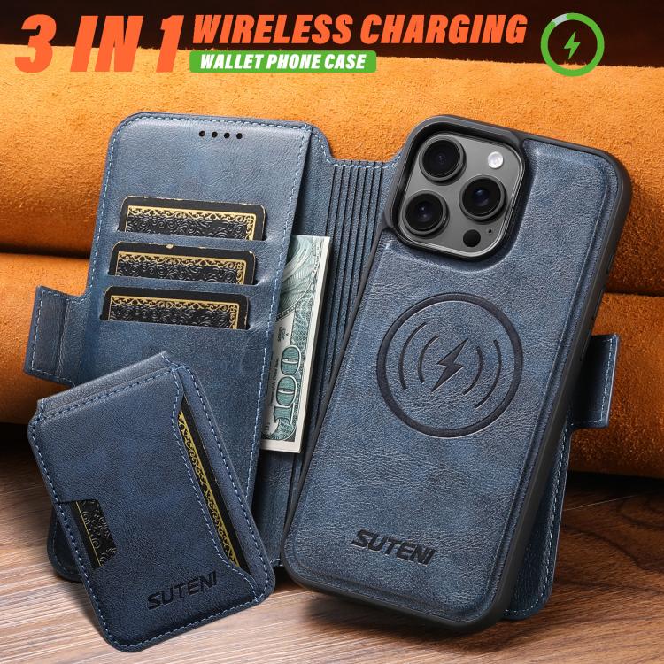 Funda de cuero Suteni Q06S3 3 en 1 con tapa vertical desmontable y cierre magnético para iPhone 15 (azul)