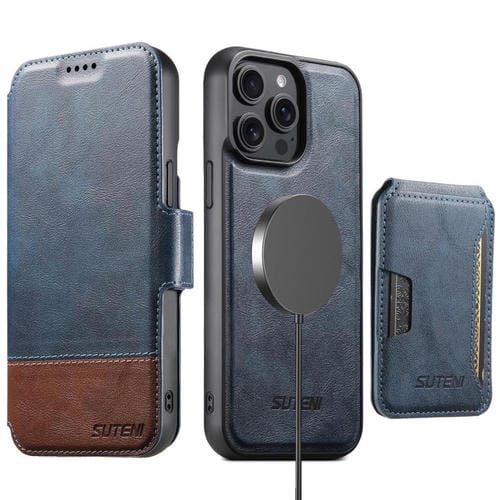 Funda de cuero Suteni Q06S3 3 en 1 con tapa vertical desmontable y cierre magnético para iPhone 14 Pro Max (azul)