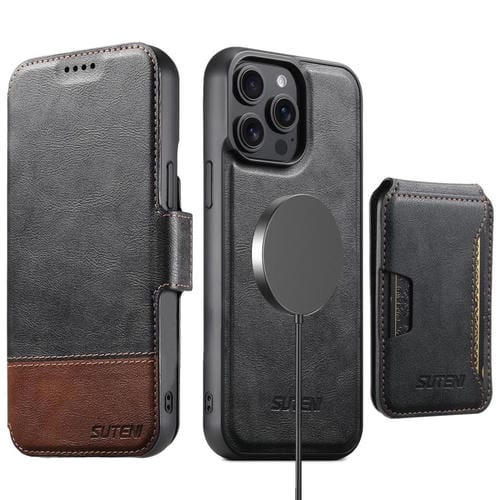 Funda de cuero Suteni Q06S3 3 en 1 con tapa vertical desmontable y cierre magnético para iPhone 13 Pro Max (negro)