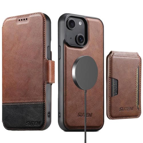 Funda de cuero Suteni Q06S3 3 en 1 con tapa vertical desmontable y cierre magnético para iPhone 13 (marrón)