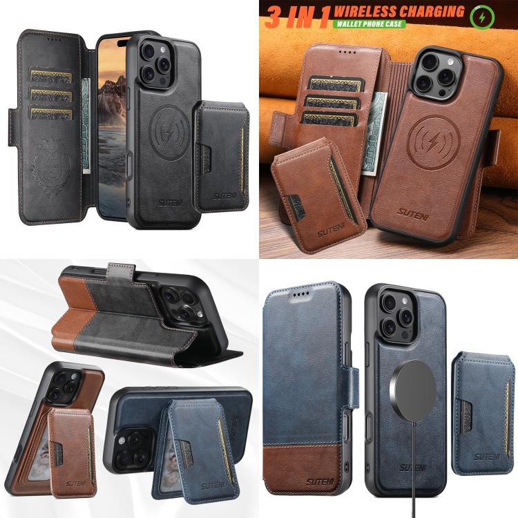 Funda de cuero Suteni Q06S3 3 en 1 con tapa vertical desmontable y cierre magnético para iPhone 15 Pro (marrón)