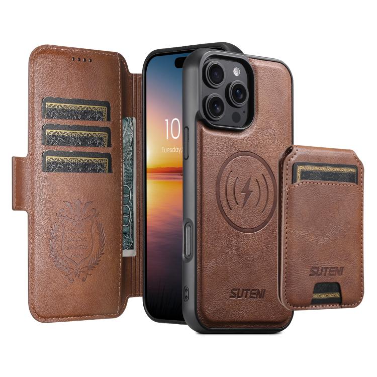 Funda de cuero Suteni Q07S2 3 en 1 con tapa vertical desmontable y cierre MagSafe para iPhone 16 Plus (marrón)