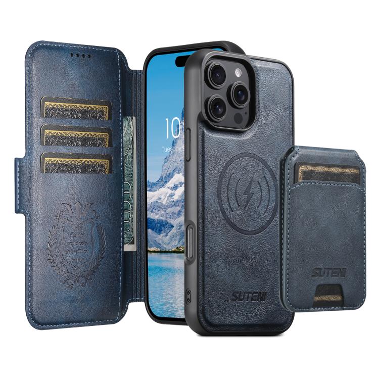 Funda de cuero Suteni Q07S2 3 en 1 con tapa vertical desmontable y cierre MagSafe para iPhone 16 Plus (azul)