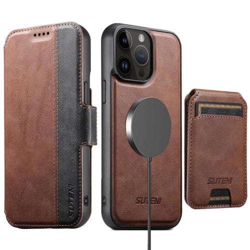 Funda de cuero Suteni Q07S2 3 en 1 con tapa vertical desmontable y cierre MagSafe para iPhone 14 Pro (marrón)