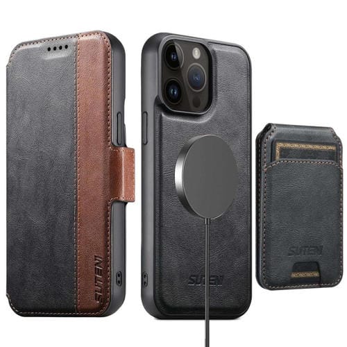 Funda de cuero Suteni Q07S2 3 en 1 con tapa vertical desmontable y cierre MagSafe para iPhone 12 Pro (negra)