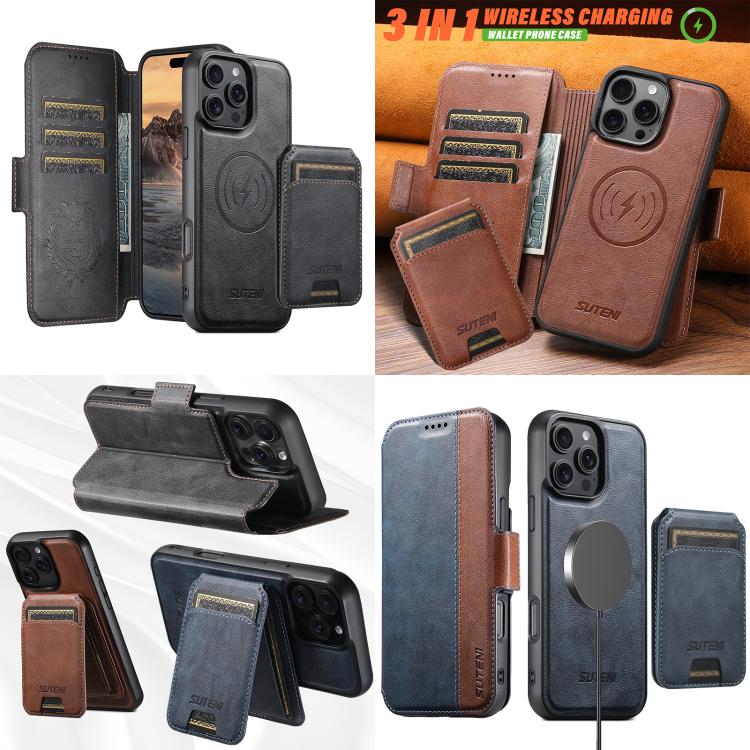 Funda de cuero Suteni Q07S2 3 en 1 con tapa vertical desmontable y cierre MagSafe para iPhone 15 (marrón)