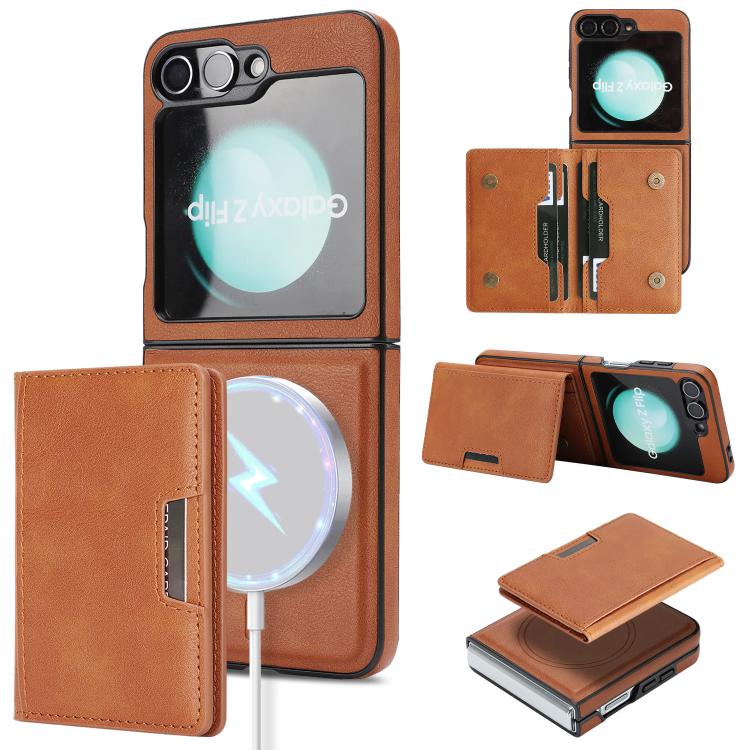 Funda de cuero con adhesivo lateral para Samsung Galaxy Z Flip6, con anillo magnético MagSafe de doble pliegue y fuerte capacidad de carga (marrón)