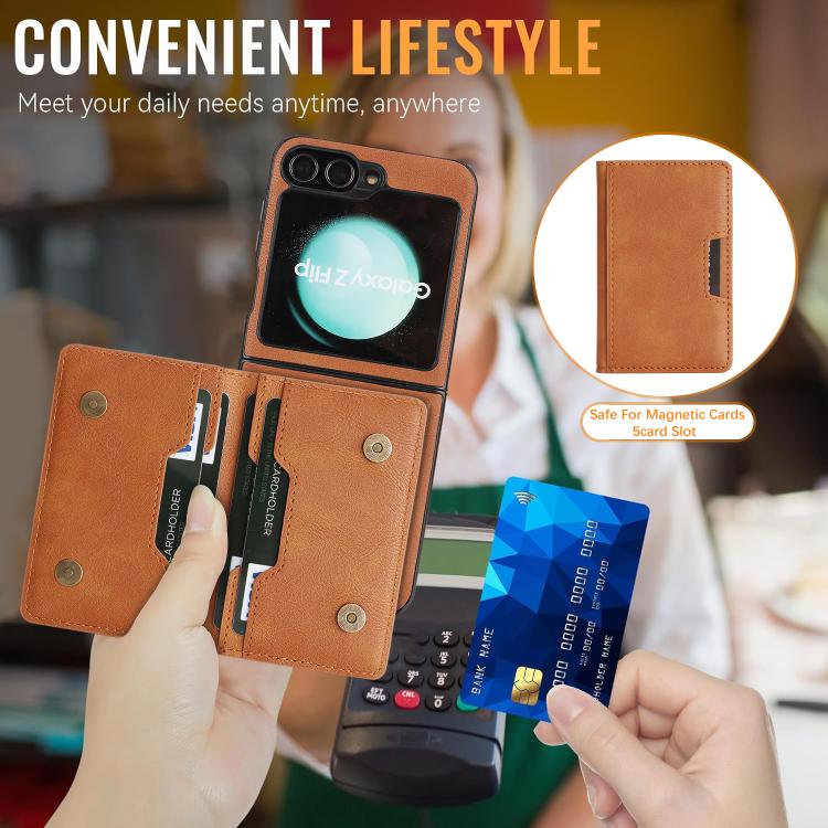 Funda de cuero con adhesivo lateral para Samsung Galaxy Z Flip6, con anillo magnético MagSafe de doble pliegue y fuerte capacidad de carga (marrón)