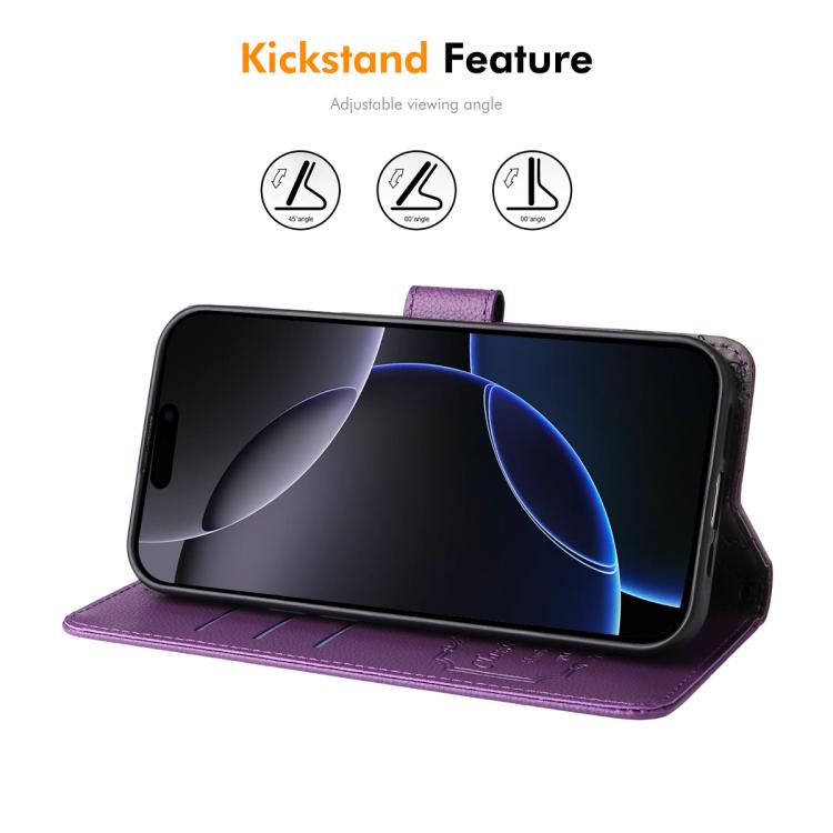 ENKAY - Funda de piel con textura de lichi y función atril para iPhone 16 Pro Max (morado)