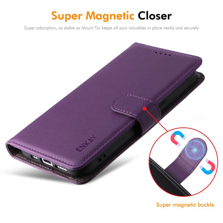 ENKAY - Funda de piel con textura de lichi y función atril para iPhone 16 Pro Max (marrón)