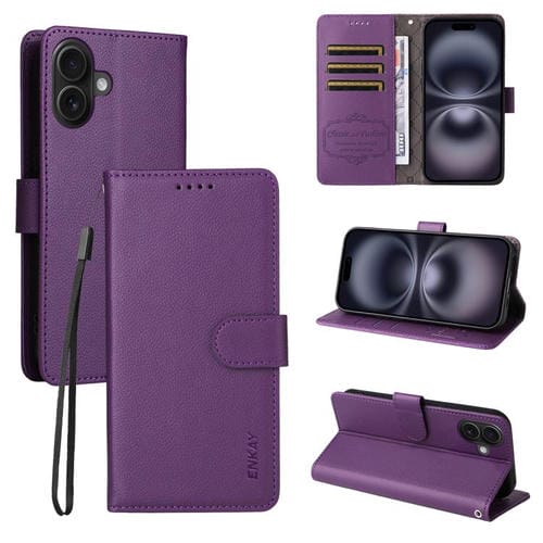 ENKAY - Funda de piel con textura de lichi y función atril para iPhone 16 Plus (morado)