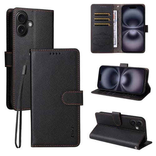 ENKAY - Funda de piel con textura de lichi y bloqueo RFID para iPhone 16 (negro)