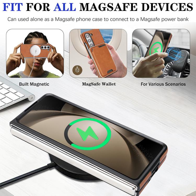 Funda de cuero con etiqueta lateral para Samsung Galaxy Z Fold6, Kalebol Slim MagSafe Ring, con tarjeta magnética y anillo (marrón)