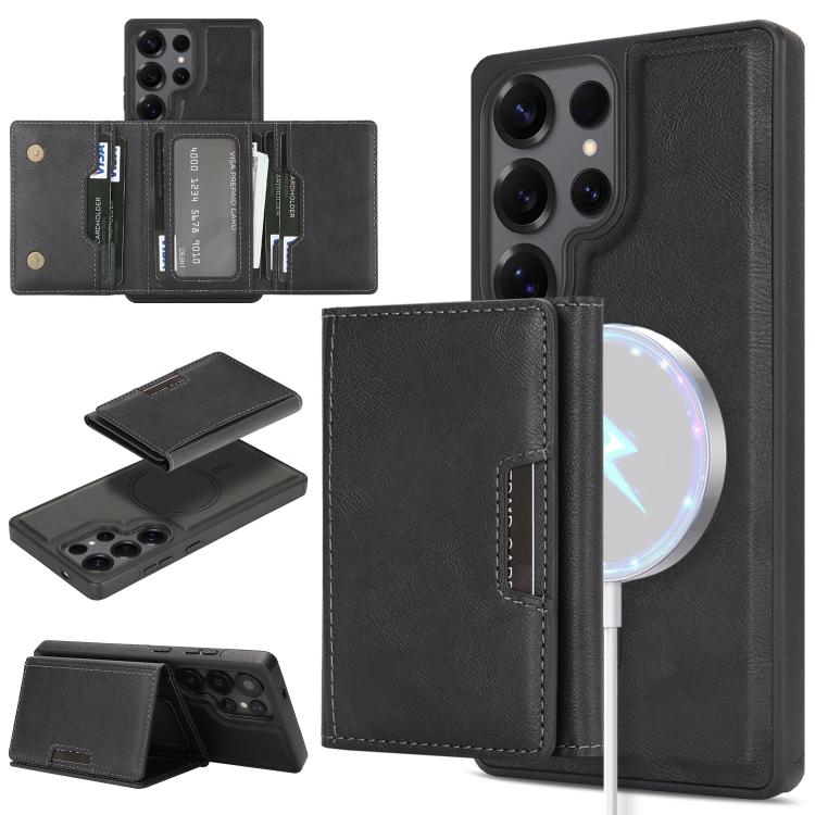 Funda de cuero con tres pliegues y adhesivo lateral para Samsung Galaxy S25 Ultra 5G (negro)