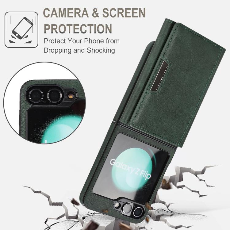 Funda de cuero con tres pliegues y adhesivo lateral para Samsung Galaxy Z Flip6 (verde)