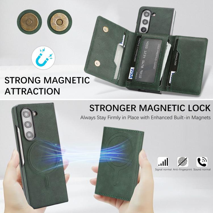 Funda de cuero con adhesivo lateral para Samsung Galaxy Z Fold6, con cierre magnético MagSafe, triple pliegue, Kalebol (verde)