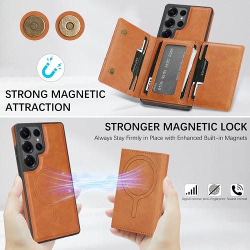 Funda de cuero con tres pliegues y adhesivo lateral para Samsung Galaxy S24 Ultra 5G (marrón)