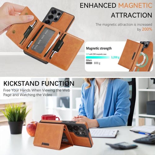 Funda de cuero con tres pliegues y adhesivo lateral para Samsung Galaxy S24 Ultra 5G (marrón)