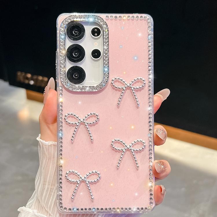 Funda antigolpes con lazo de cuatro esquinas y purpurina de diamante para Samsung Galaxy S24 FE 5G (rosa claro)