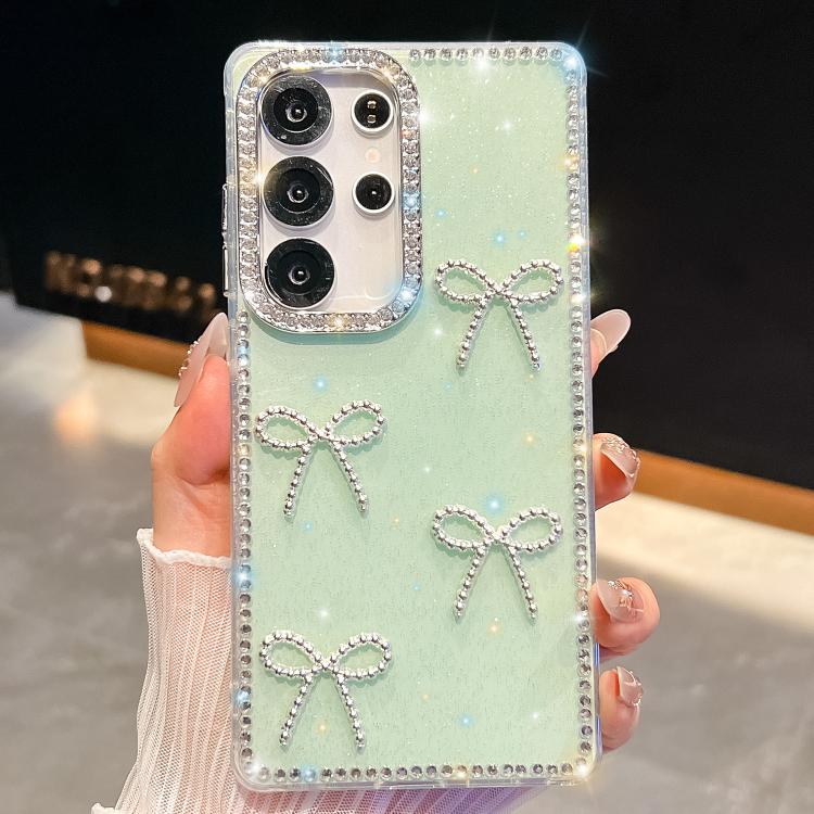 Funda antigolpes con lazo de cuatro esquinas y purpurina de diamante para Samsung Galaxy S23 Ultra 5G (verde claro)