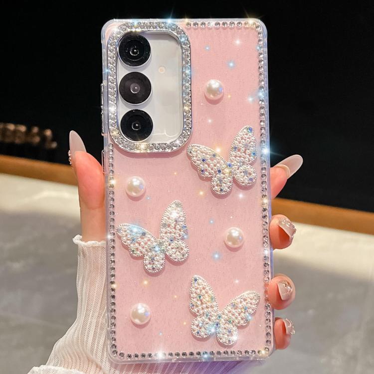 Funda a prueba de golpes con diseño de mariposa y diamantes brillantes para Samsung Galaxy S24 FE 5G (rosa claro)