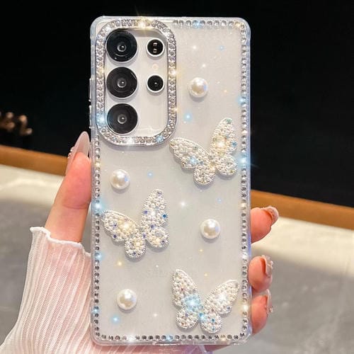 Funda transparente para Samsung Galaxy S24 Ultra 5G con diseño de mariposa, con purpurina y diamantes en las cuatro esquinas, a prueba de golpes (transparente)