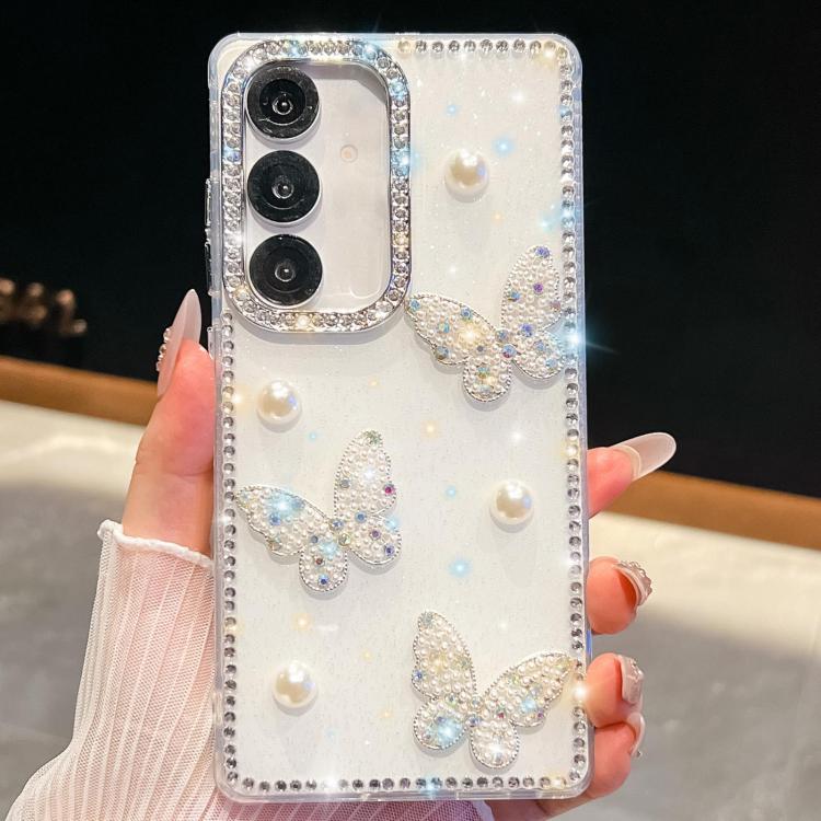 Funda para Samsung Galaxy S24 5G con diseño de mariposa, con purpurina y diamantes, a prueba de golpes (blanca)