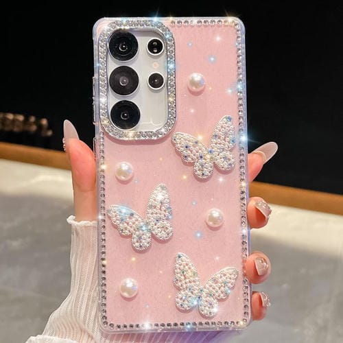 Funda para Samsung Galaxy S23 Ultra 5G con diseño de mariposa, purpurina y diamantes, a prueba de golpes (rosa claro)